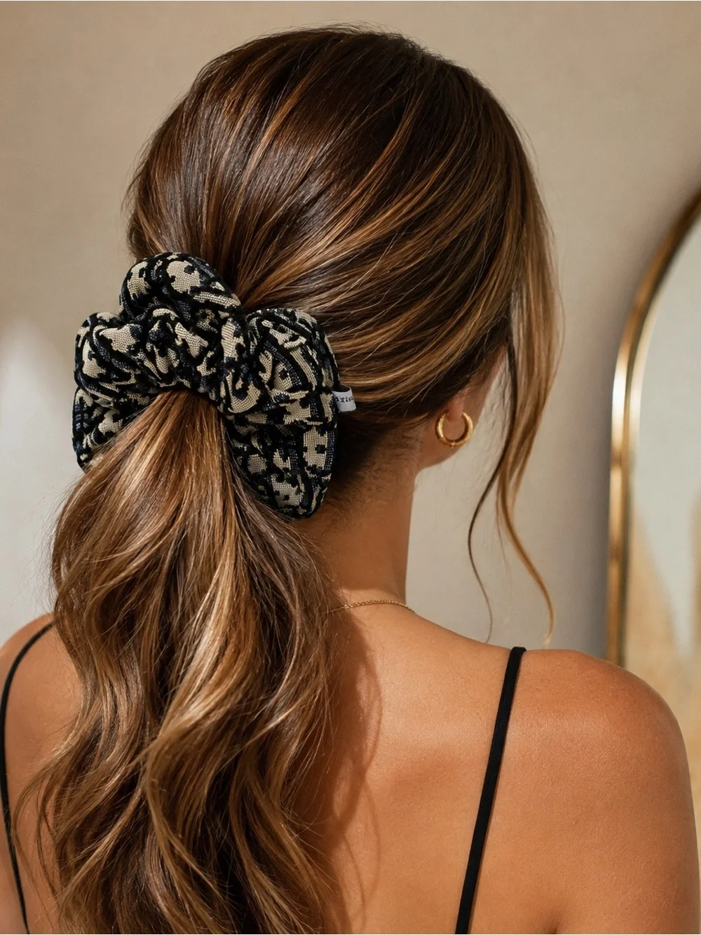Black and Beige Dior Logo-Pattern Hair Scrunchie
